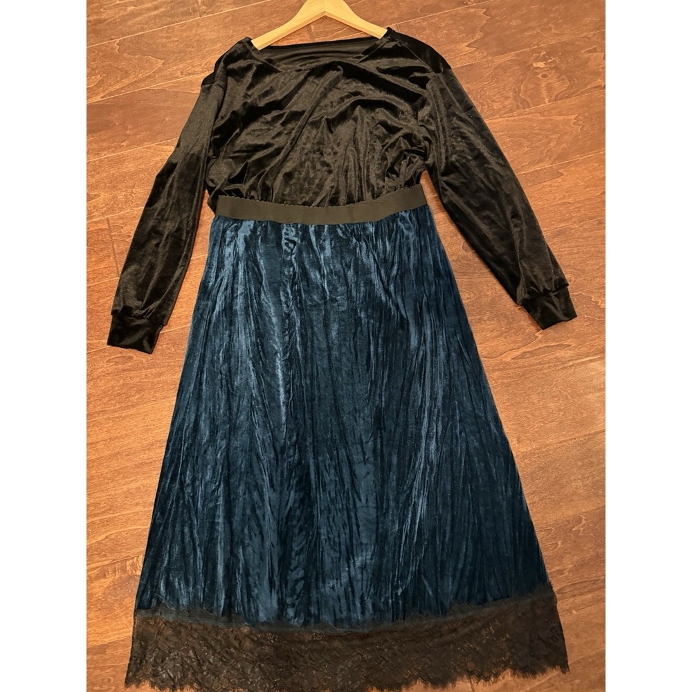 Lot of 2 XL 12/14 Blue Velvet Maxi Skirt Elastic Waist Black Lace & velvet top